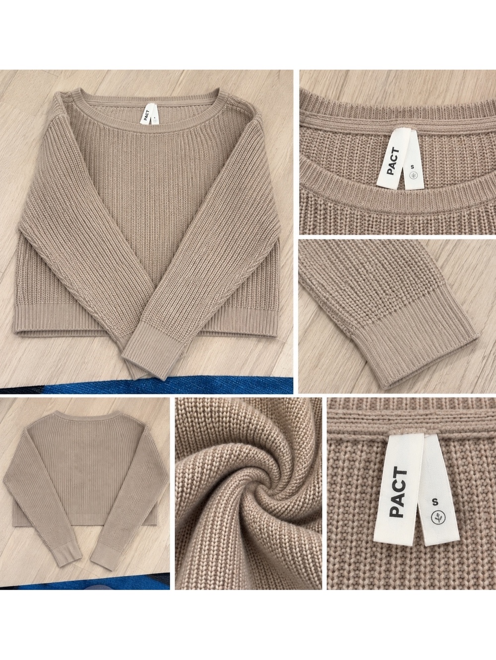 Pact Taupe Textured Knit Crewneck Sweater Size Small